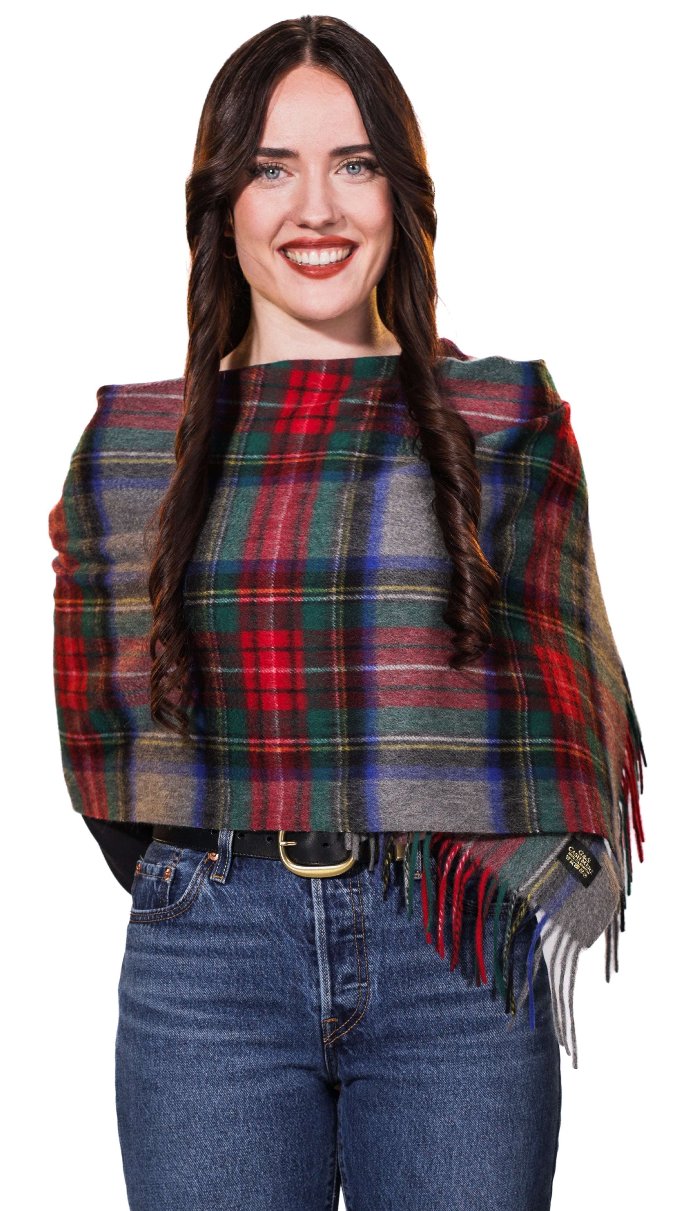 Sterling Veil cashmere stole in a multicolor tartan plaid featuring red, deep green, navy blue, and grey
