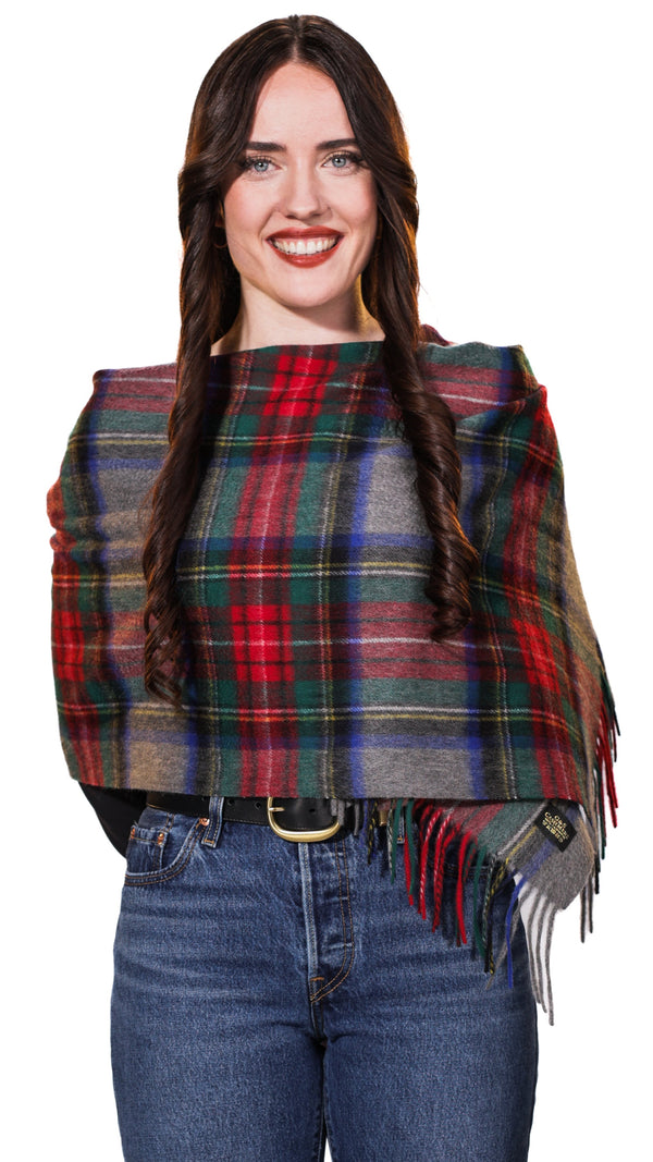 Sterling Veil cashmere stole in a multicolor tartan plaid featuring red, deep green, navy blue, and grey