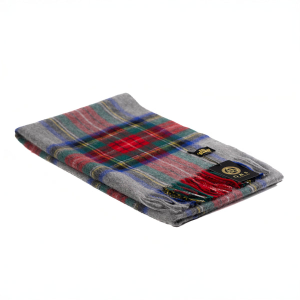 Folded Sterling Veil cashmere stole in a multicolor tartan plaid featuring red, deep green, navy blue, and grey, finished with G&S label.