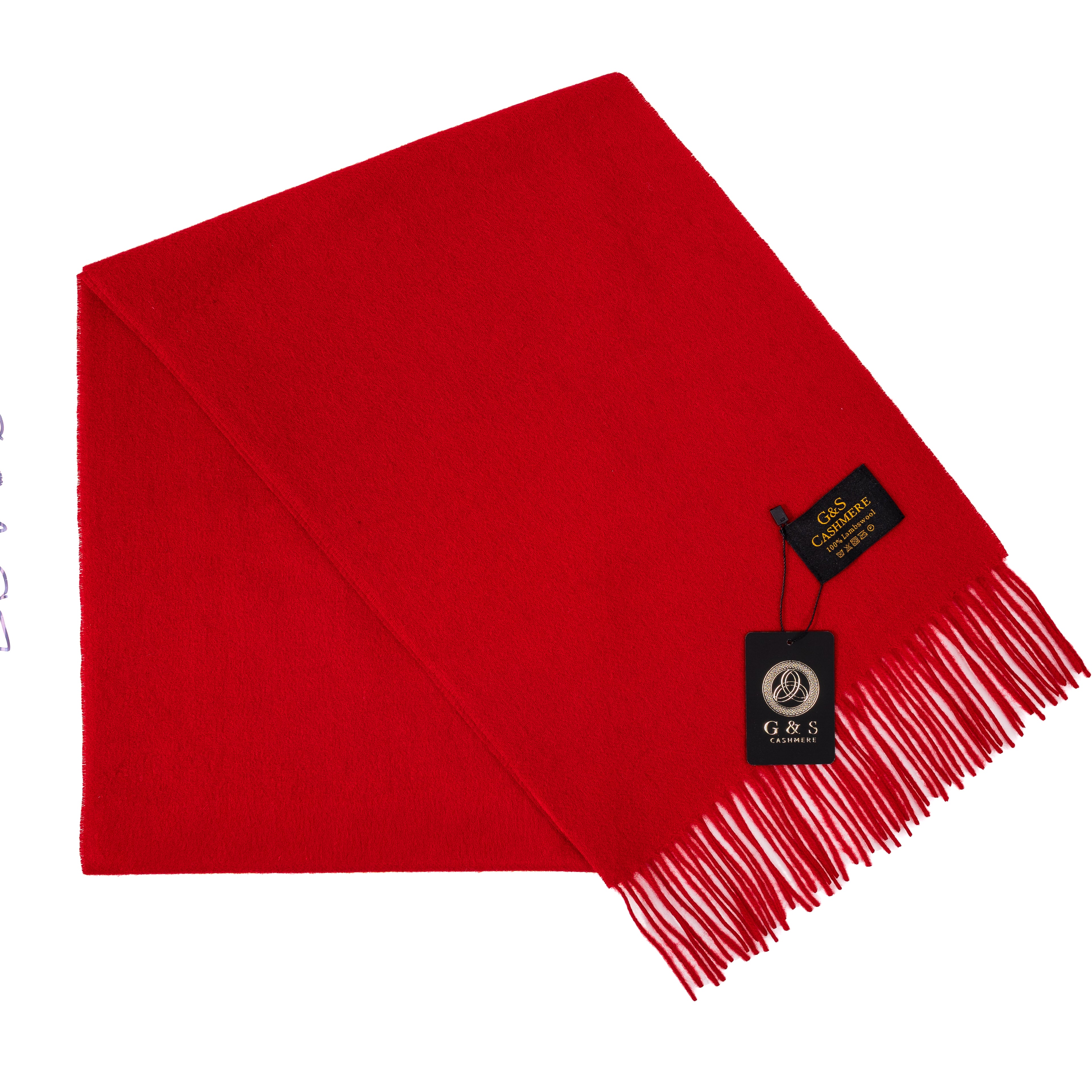 Close-up of Ruby Echo lambswool scarf highlighting vibrant red fabric, soft finish, fine fringe detailing, and branded tag for a premium luxury feel