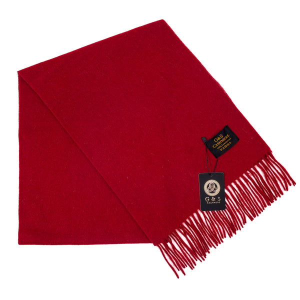 Cardinal Vale lambswool scarf in solid deep red, featuring a smooth soft finish, fine fringe edges, and subtle branding tag, displayed folded on a white background