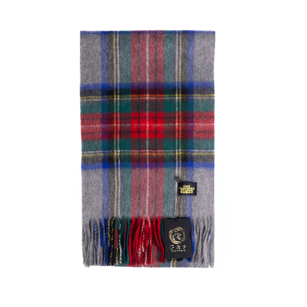 Folded Sterling Veil cashmere stole in a multicolor tartan plaid featuring red, deep green, navy blue, and grey, finished with G&S label.
