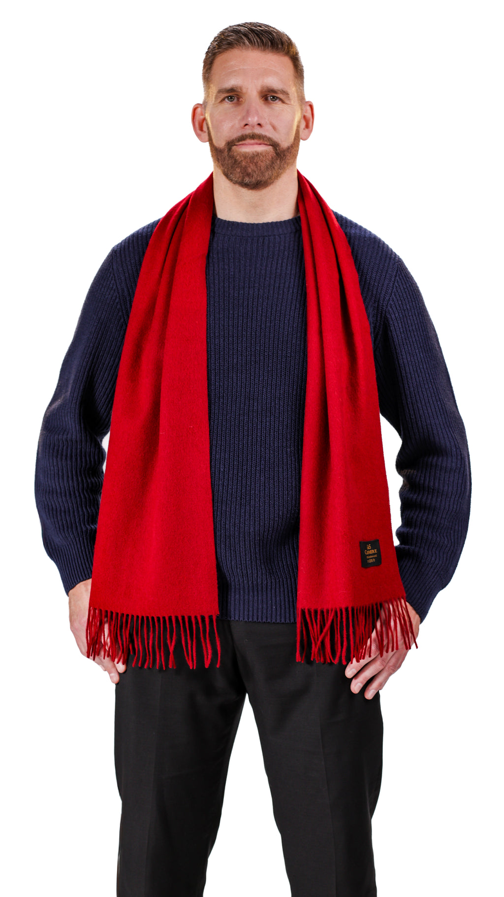 Cardinal Vale lambswool scarf worn by model, featuring a rich deep red tone, smooth soft texture, and classic fringed edges for a timeless winter look.